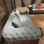 Luxury Light Lake Blue Velvet Chesterfield Sofa Set with Contrast Trim & Gold Stainless Steel Accents